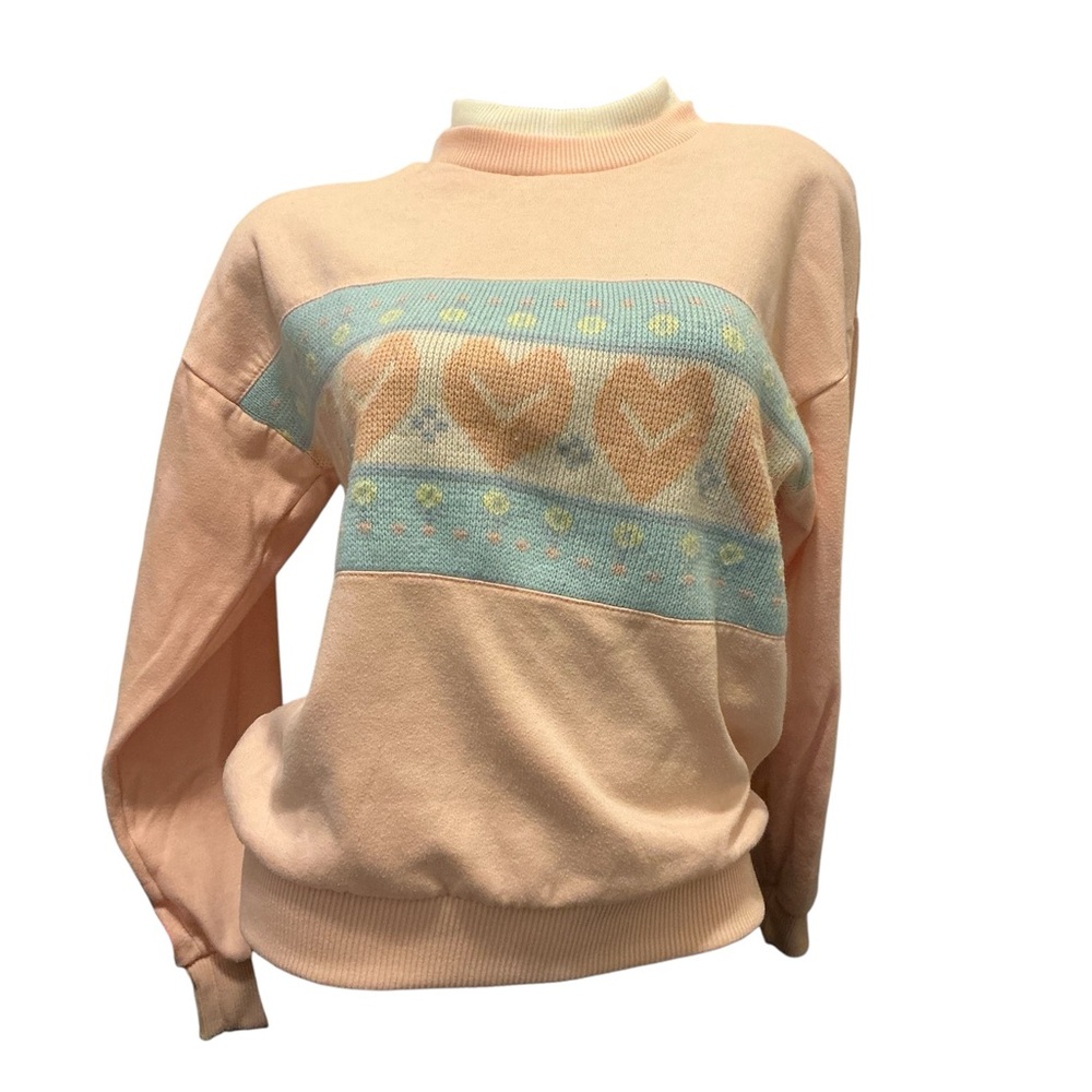 Peach and Blue Heart Pattern Turtleneck Sweater